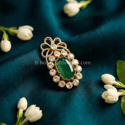 Emerald Green Oval Kundan Floral Brooch