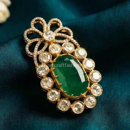 Emerald Green Oval Kundan Floral Brooch