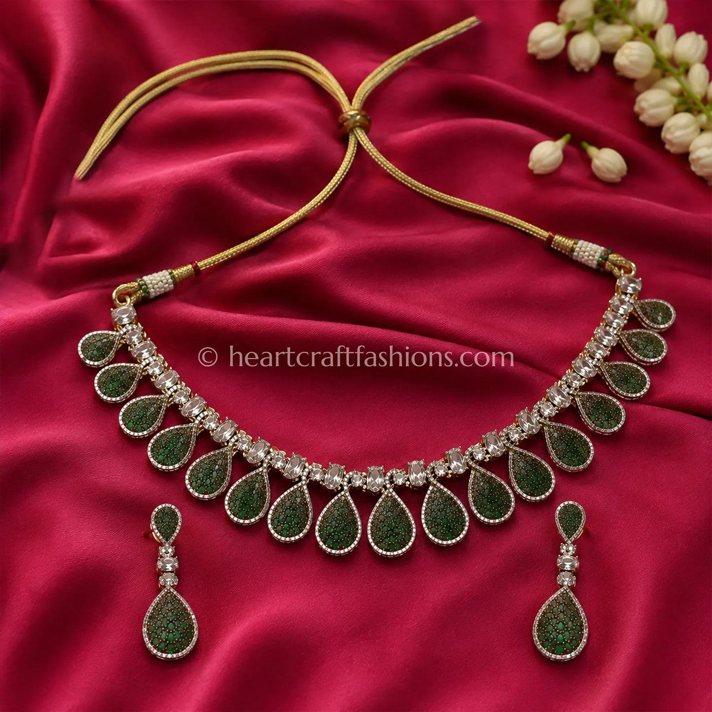Emerald Green Pave Teardrop Fringe Necklace Set