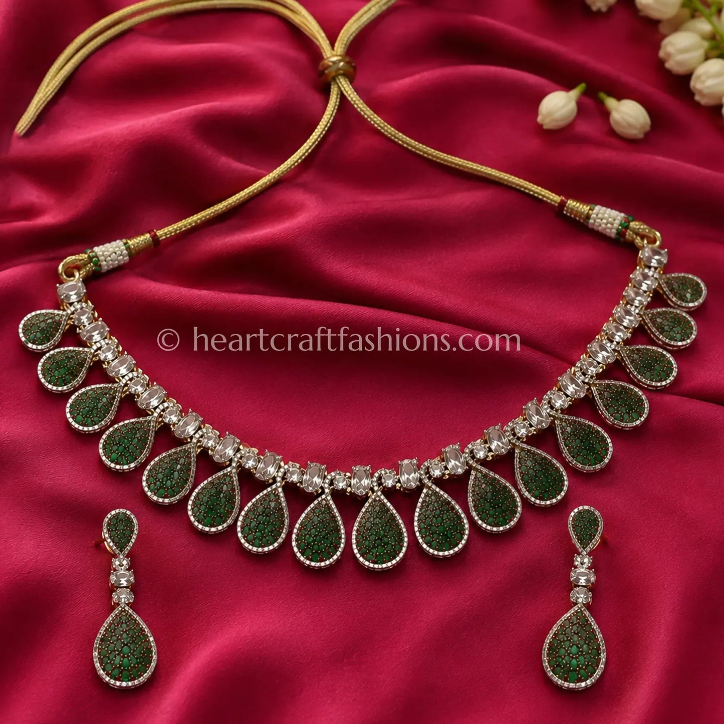 Emerald Green Pave Teardrop Fringe Necklace Set