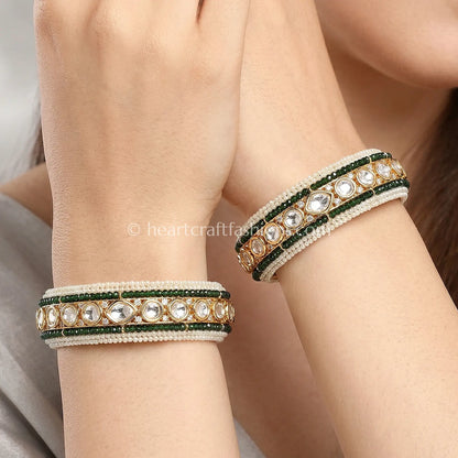 Emerald Green Sunehri Kundan Pearl Bangles
