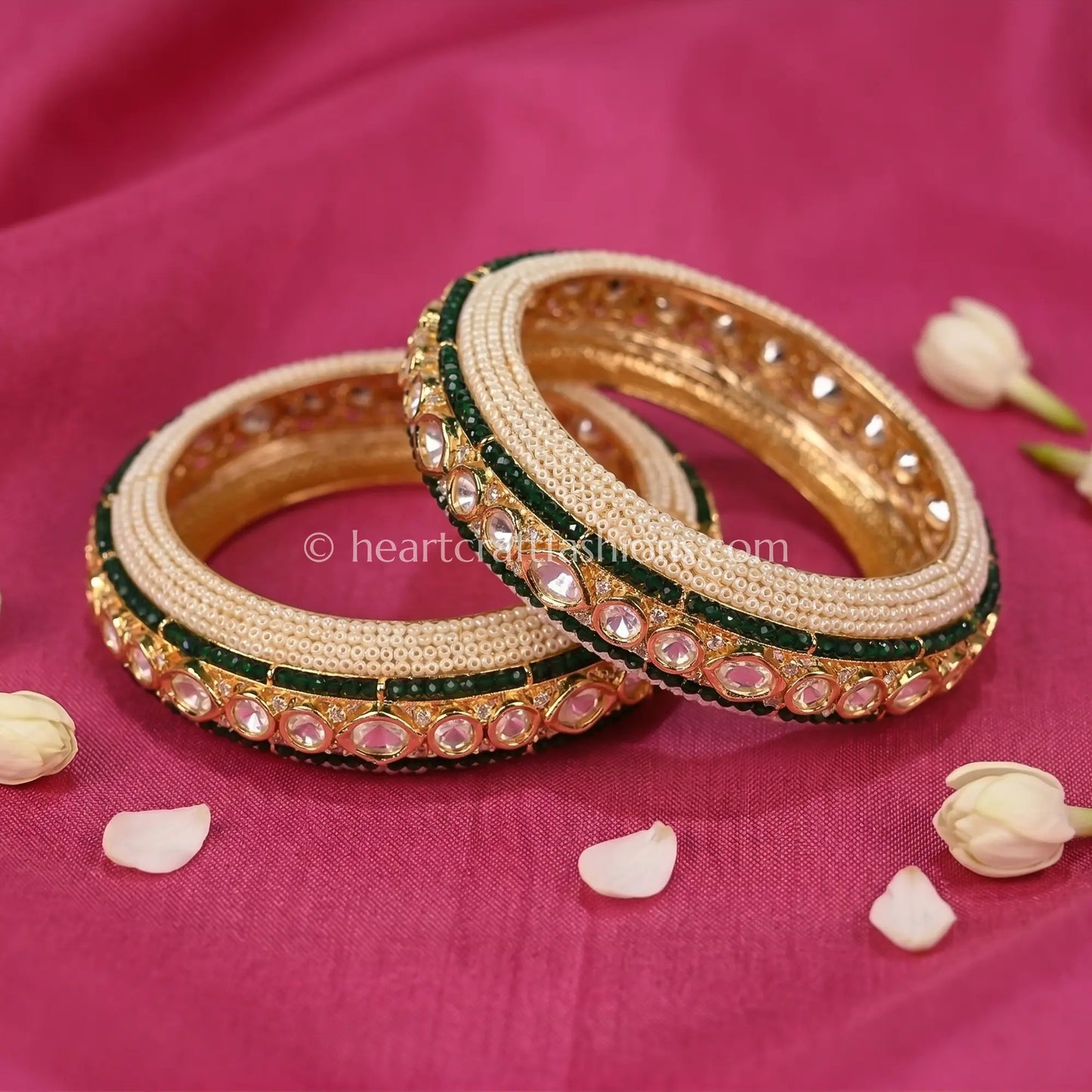 Emerald Green Sunehri Kundan Pearl Bangles