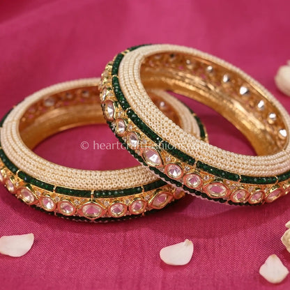 Emerald Green Sunehri Kundan Pearl Bangles