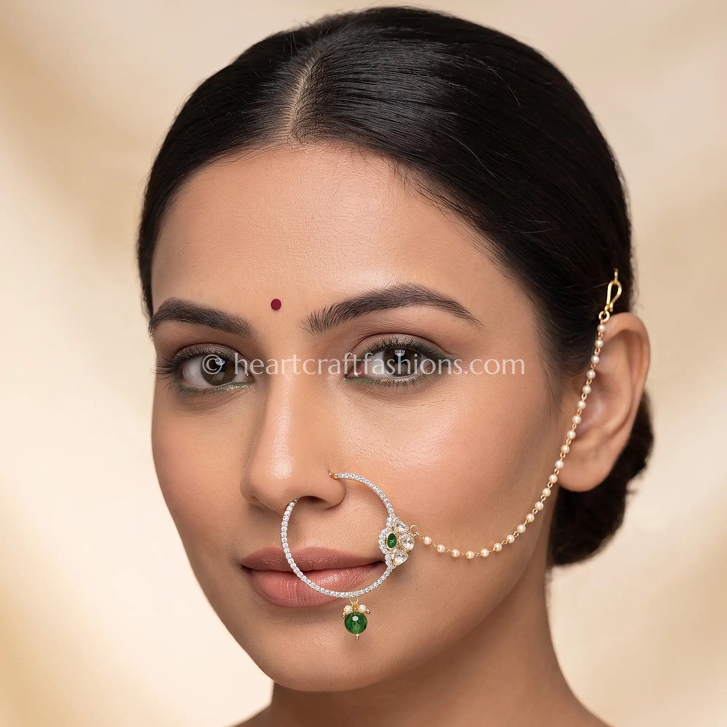 Emerald Green Sunehri Kundan Ring Nath with Pearl Chain
