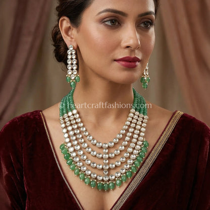 Emerald Green Sunehri Kundan Uncut Layered Rani Haar Set