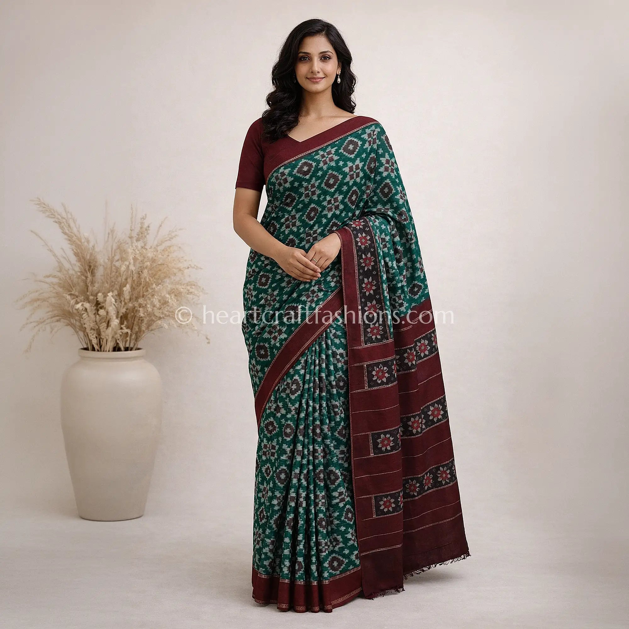 Emerald Green & Deep Maroon Telia Rumal Ikat Mercerized Cotton Saree