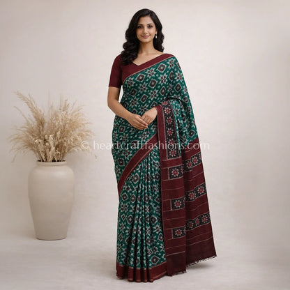 Emerald Green & Deep Maroon Telia Rumal Ikat Mercerized Cotton Saree