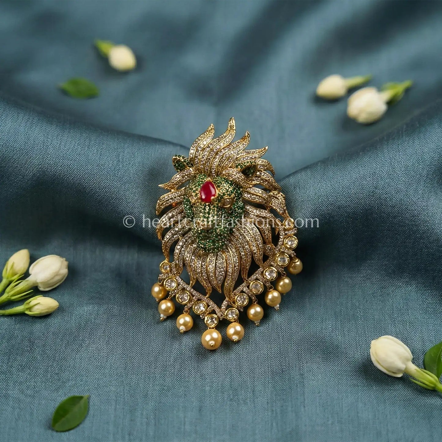 Emerald Green & Ruby Red Lion Statement Brooch