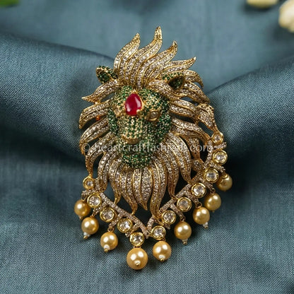 Emerald Green & Ruby Red Lion Statement Brooch