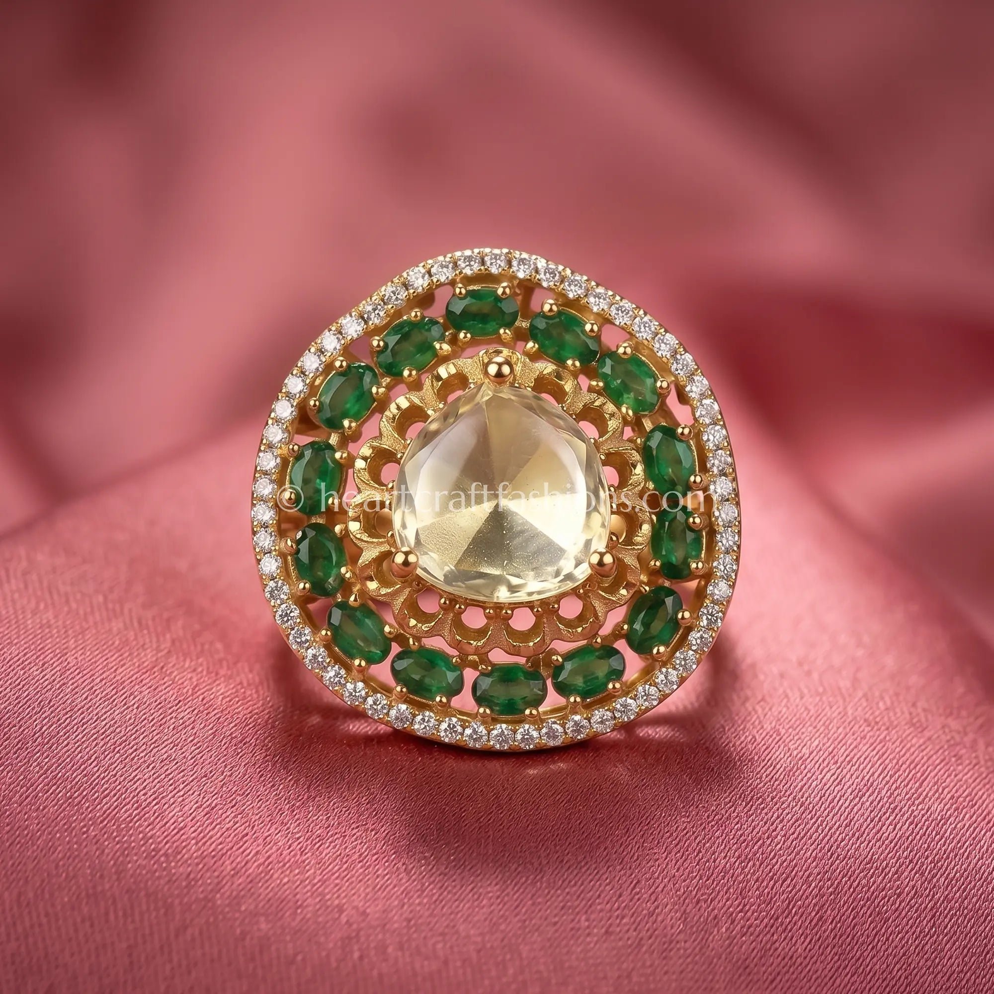 Emerald Halo crown Moissanite Polki Ring