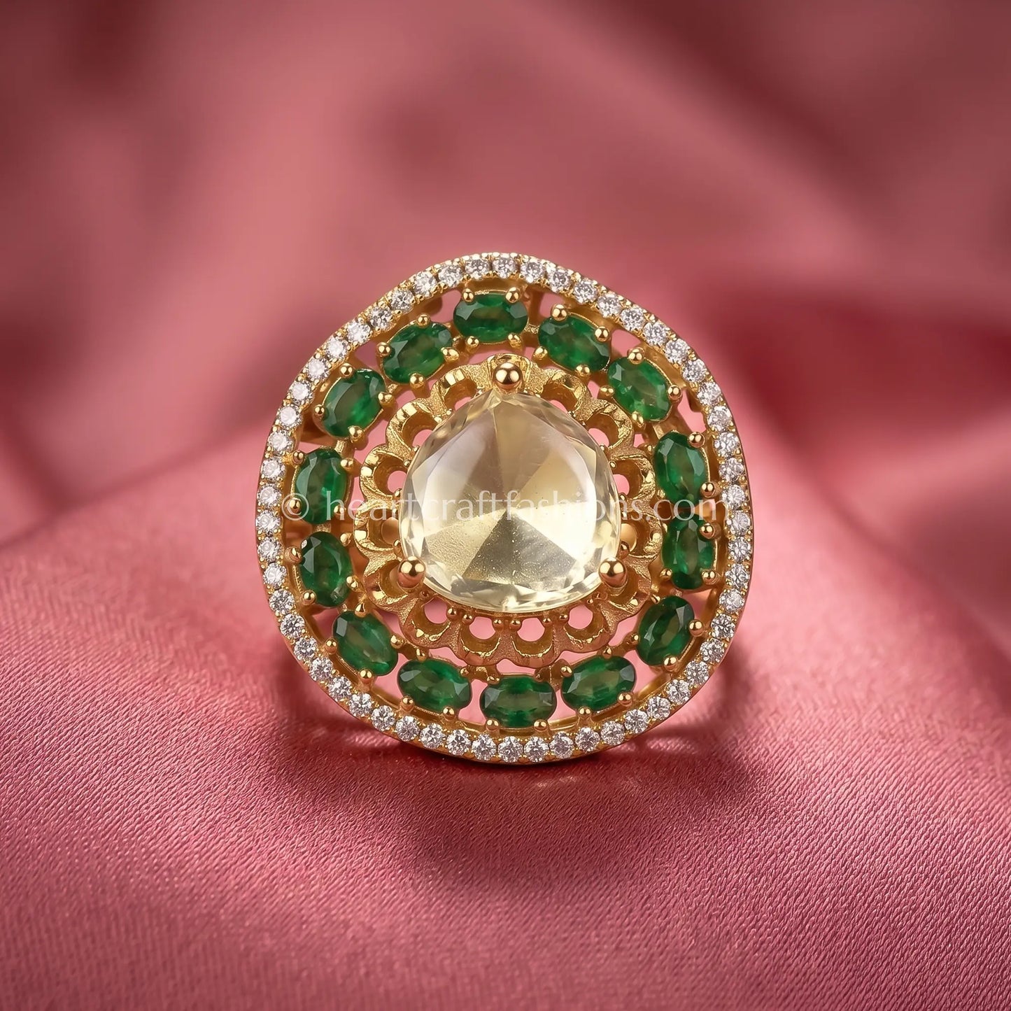 Emerald Halo crown Moissanite Polki Ring