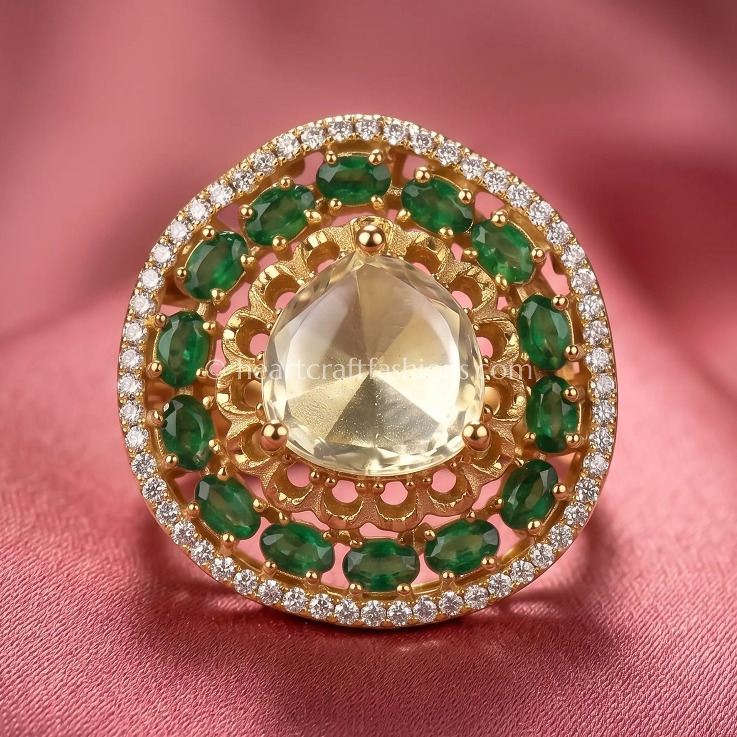 Emerald Halo crown Moissanite Polki Ring