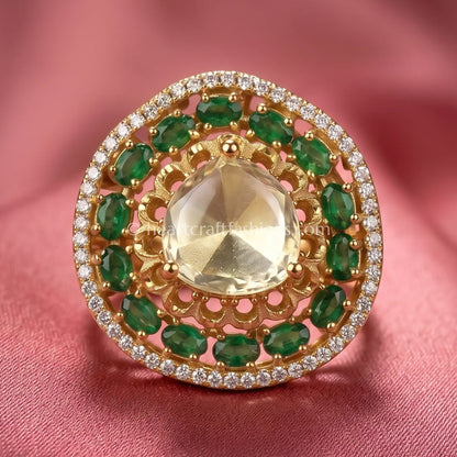Emerald Halo crown Moissanite Polki Ring