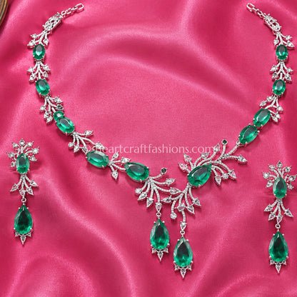 Emerald Leaf Branch Cascading Y-Necklace Set