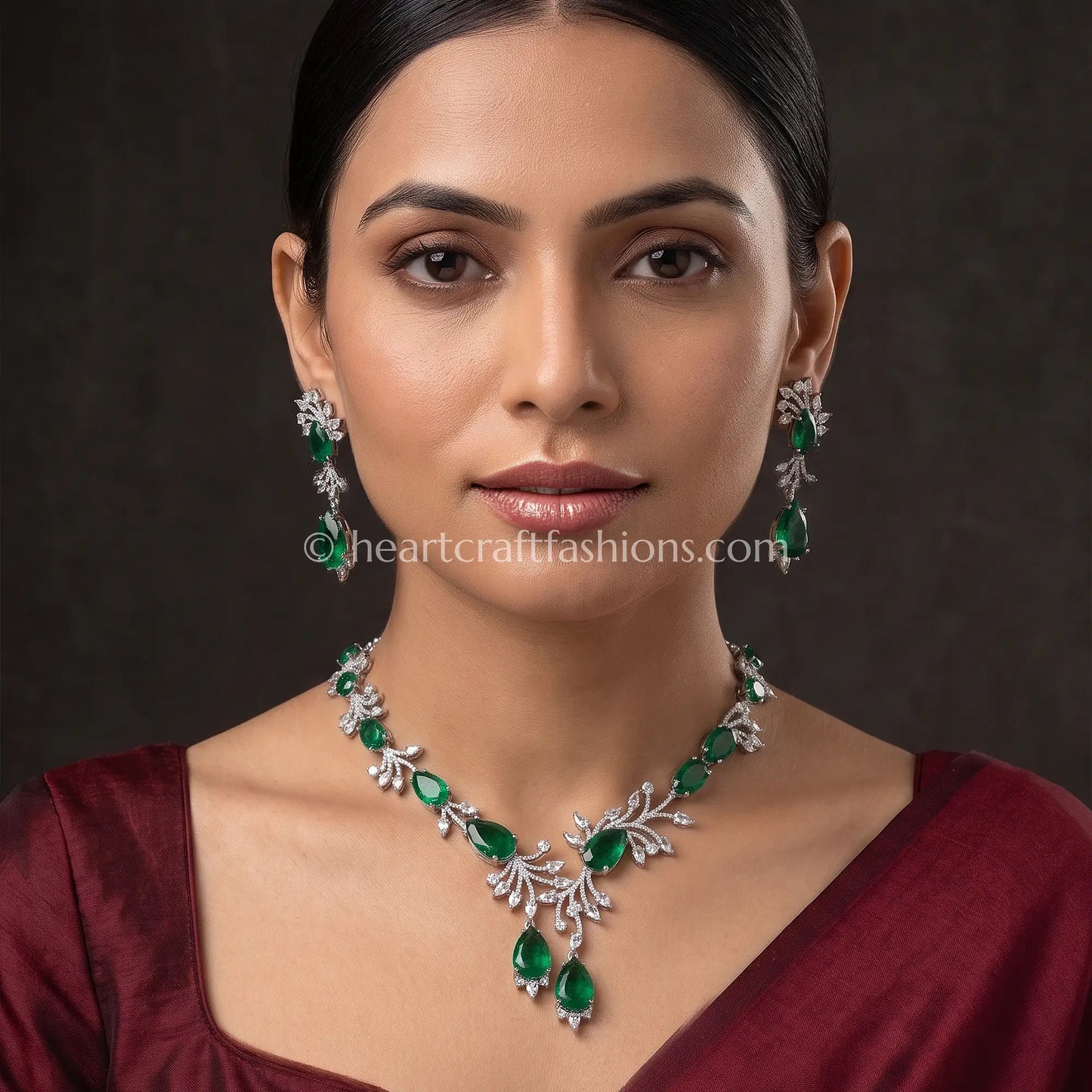 Emerald Leaf Branch Cascading Y-Necklace Set