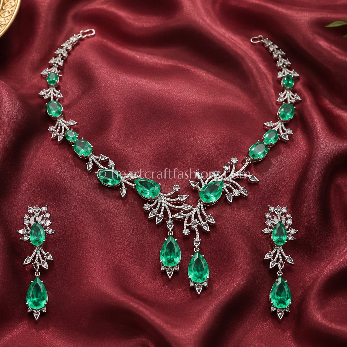 Emerald Leaf Vine Asymmetric Y-Necklace Set