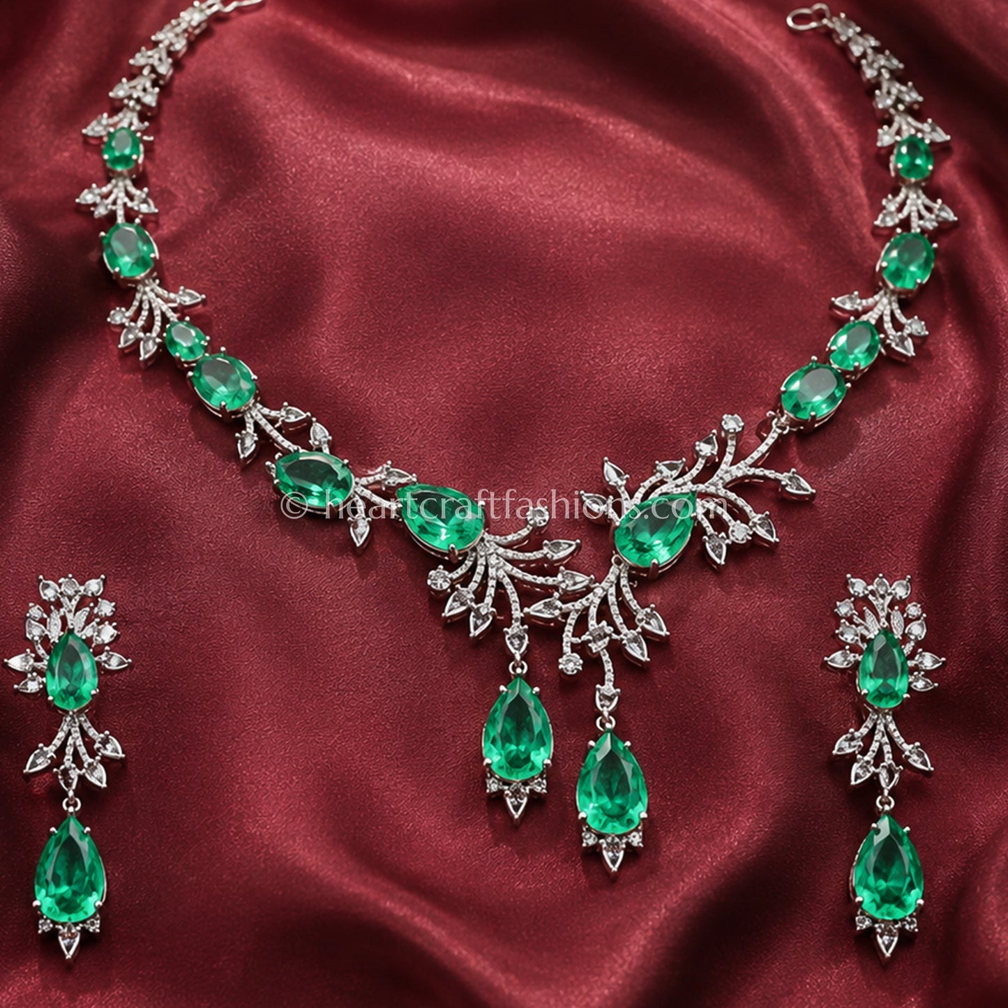 Emerald Leaf Vine Asymmetric Y-Necklace Set