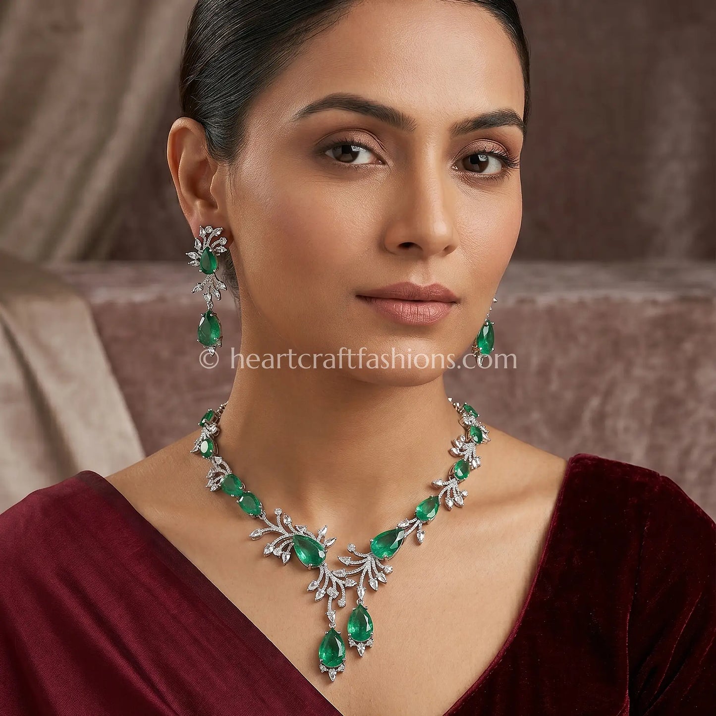 Emerald Leaf Vine Asymmetric Y-Necklace Set