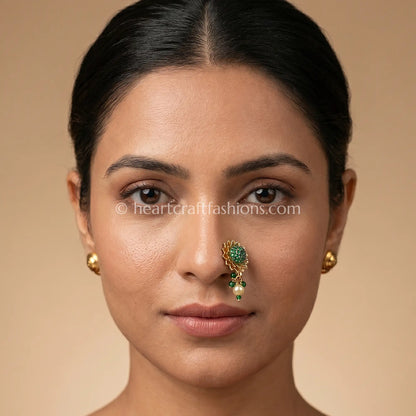 Emerald Lotus Flower Pearl Drop Maharashtrian Nath