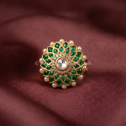 Emerald Lotus Moissanite Polki Ring