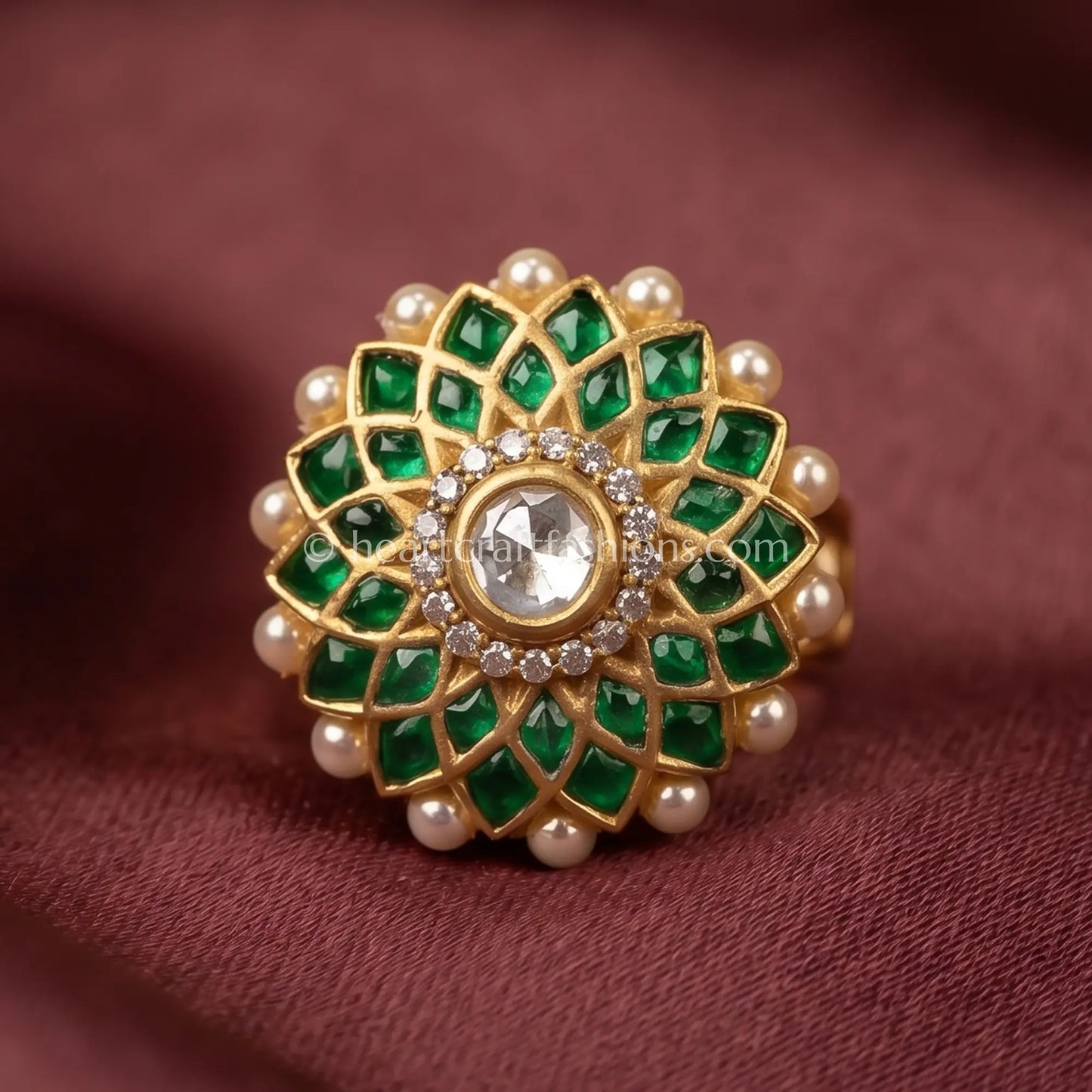 Emerald Lotus Moissanite Polki Ring