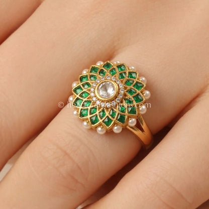 Emerald Lotus Moissanite Polki Ring