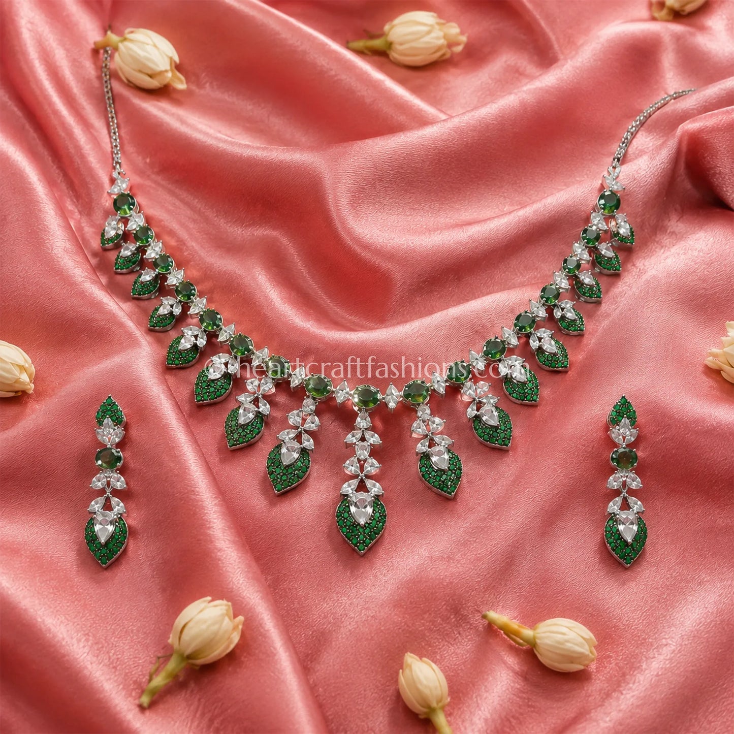Emerald Pave Leaf Cluster Fringe Necklace Set