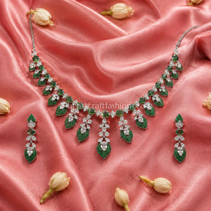 Emerald Pave Leaf Cluster Fringe Necklace Set