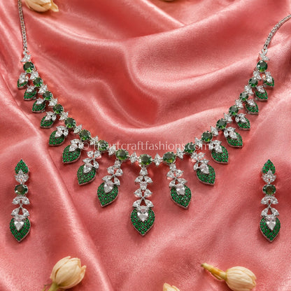 Emerald Pave Leaf Cluster Fringe Necklace Set