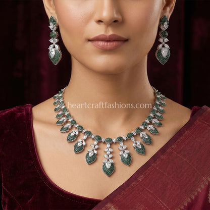 Emerald Pave Leaf Cluster Fringe Necklace Set