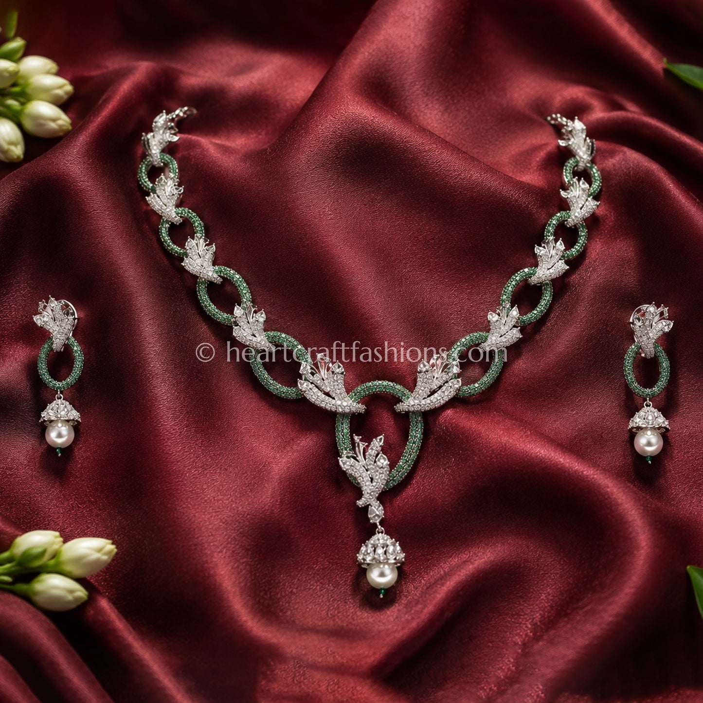 Emerald Pavé Oval Chain & Leaf Jhumka Set