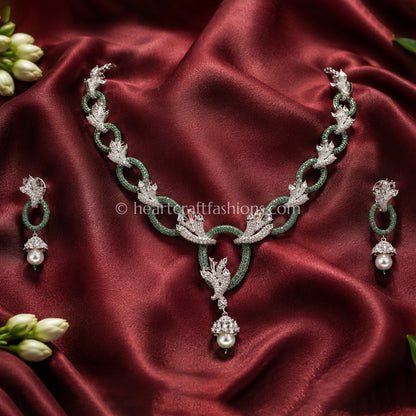 Emerald Pavé Oval Chain & Leaf Jhumka Set