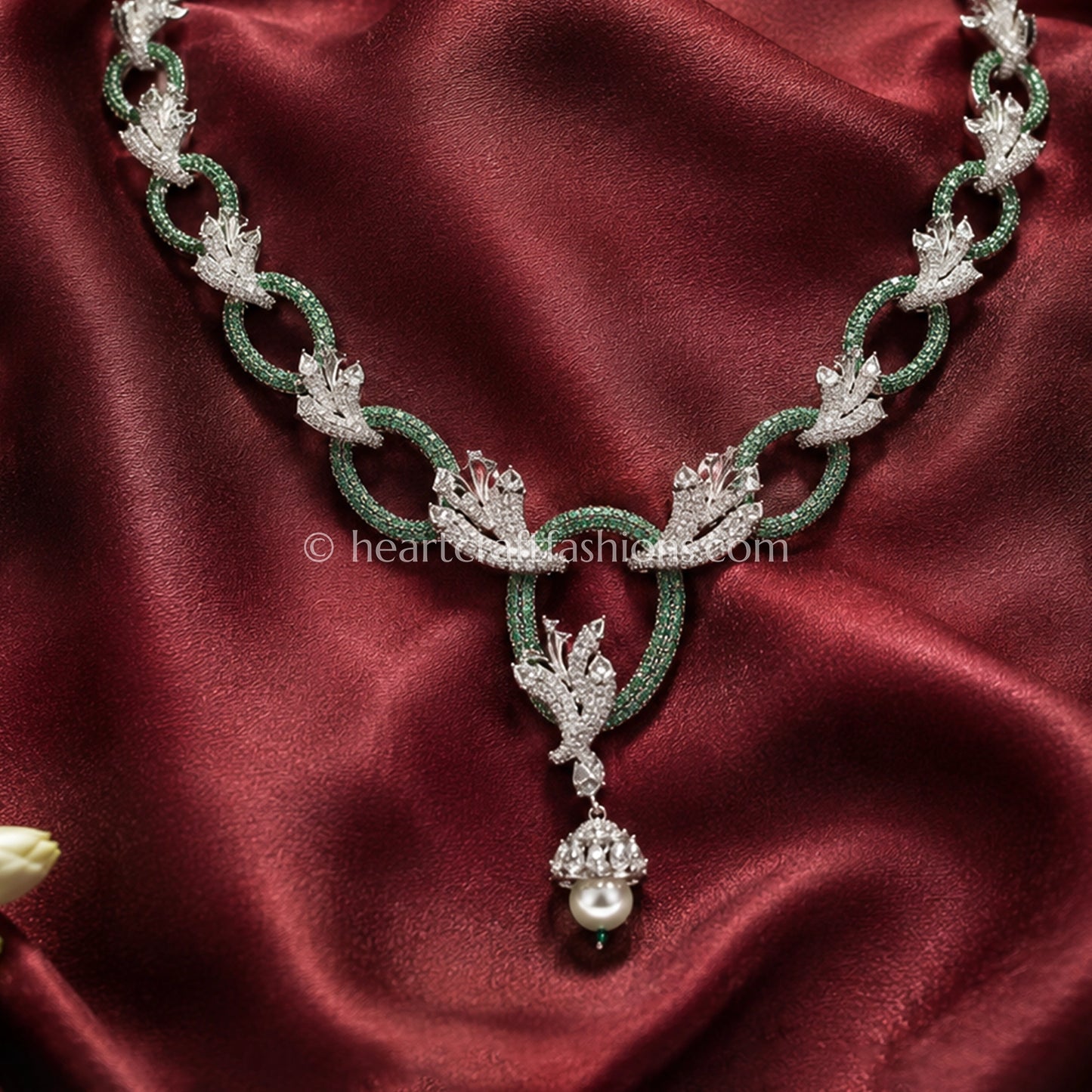 Emerald Pavé Oval Chain & Leaf Jhumka Set