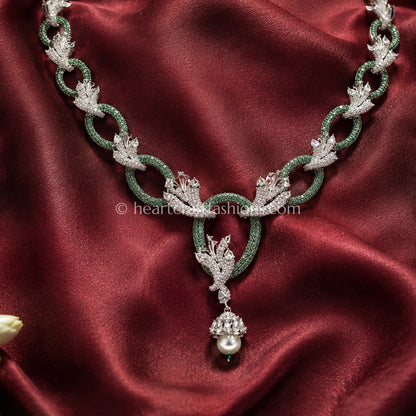 Emerald Pavé Oval Chain & Leaf Jhumka Set