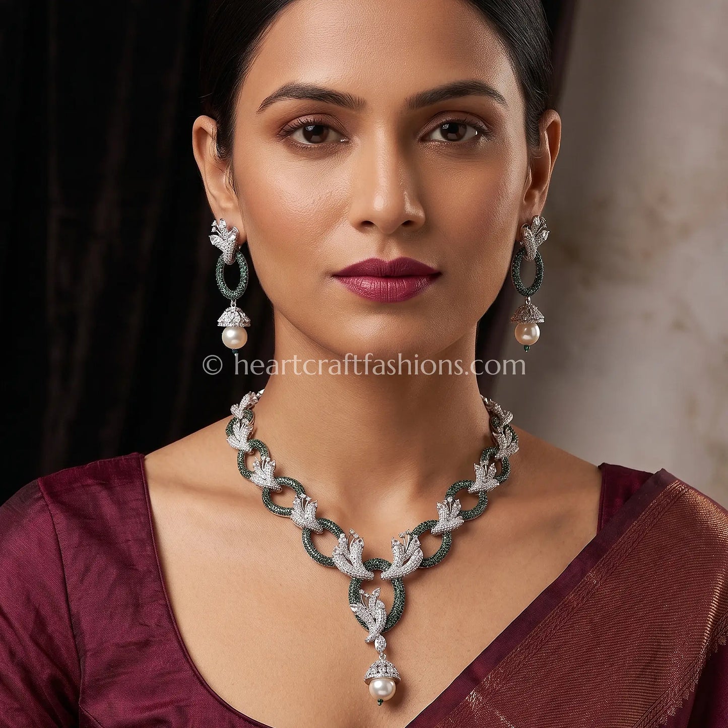 Emerald Pavé Oval Chain & Leaf Jhumka Set