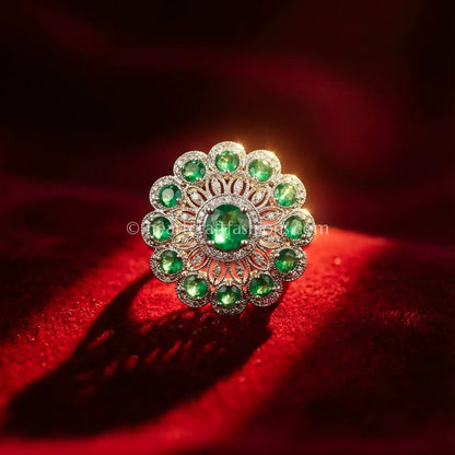 Emerald Petal Halo Statement Ring