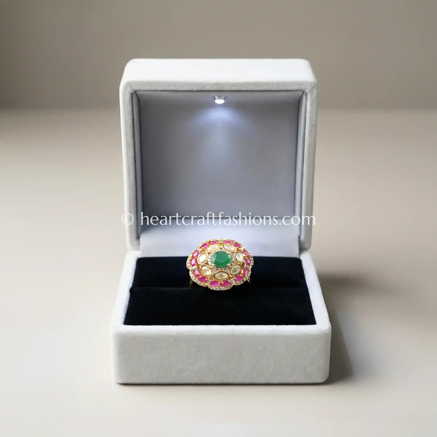 Sunehri Kundan Floral Ring with Green Doublet