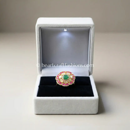 Sunehri Kundan Floral Ring with Green Doublet