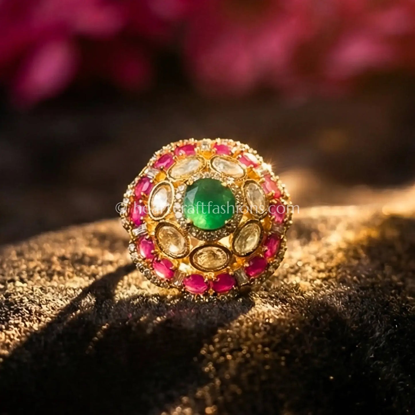 Sunehri Kundan Floral Ring with Green Doublet
