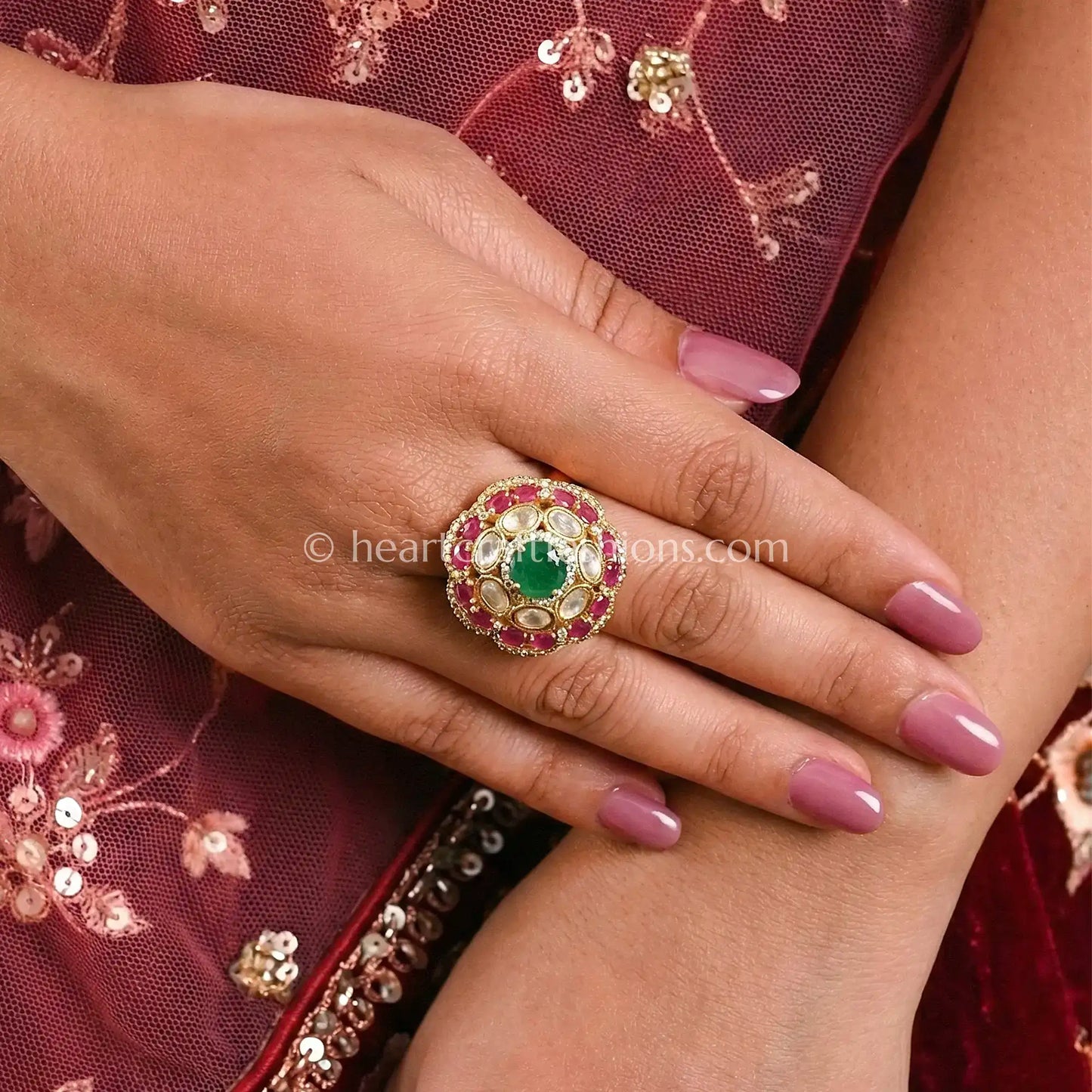 Sunehri Kundan Floral Ring with Green Doublet