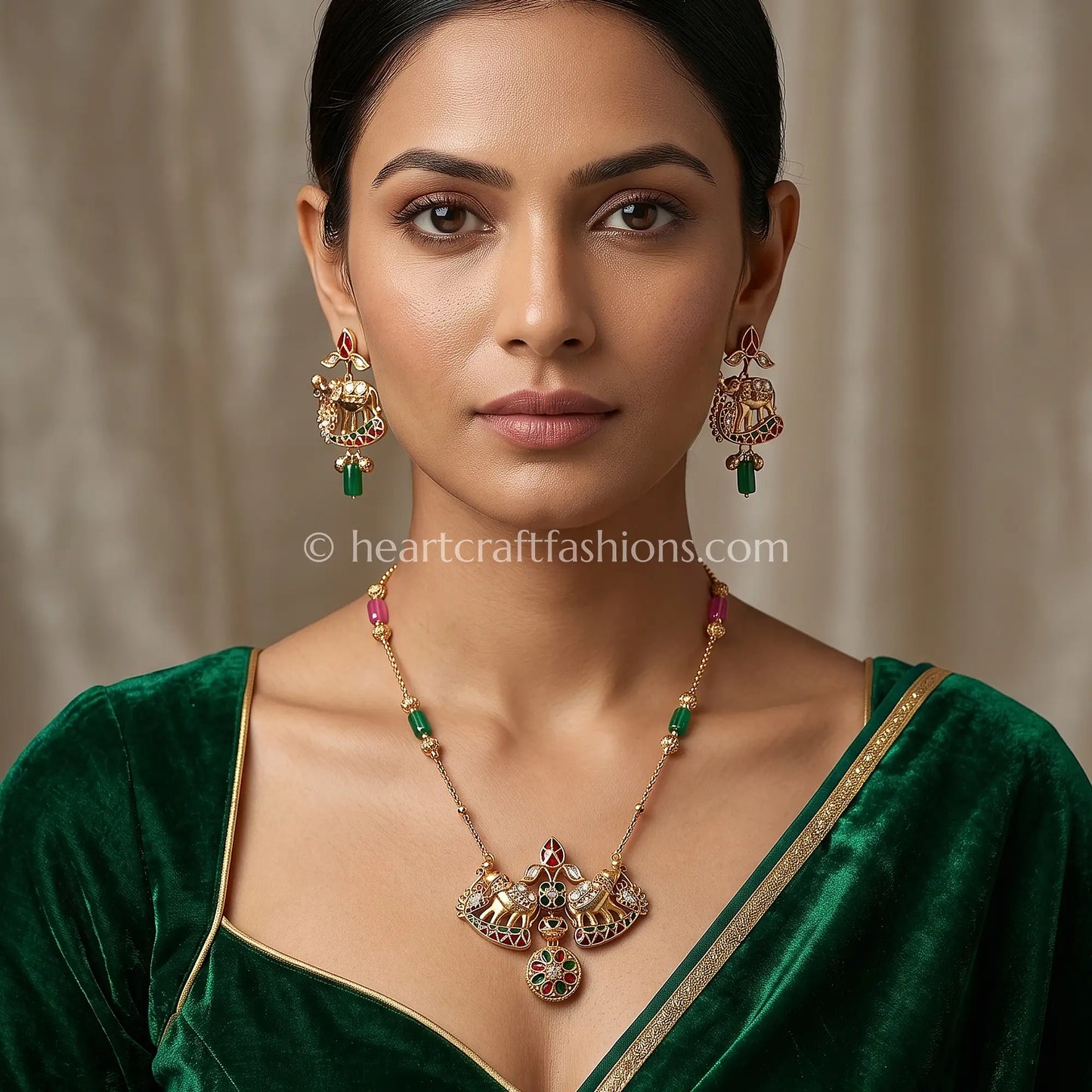 Emerald Ruby Amrapali Elephant Pendant Set