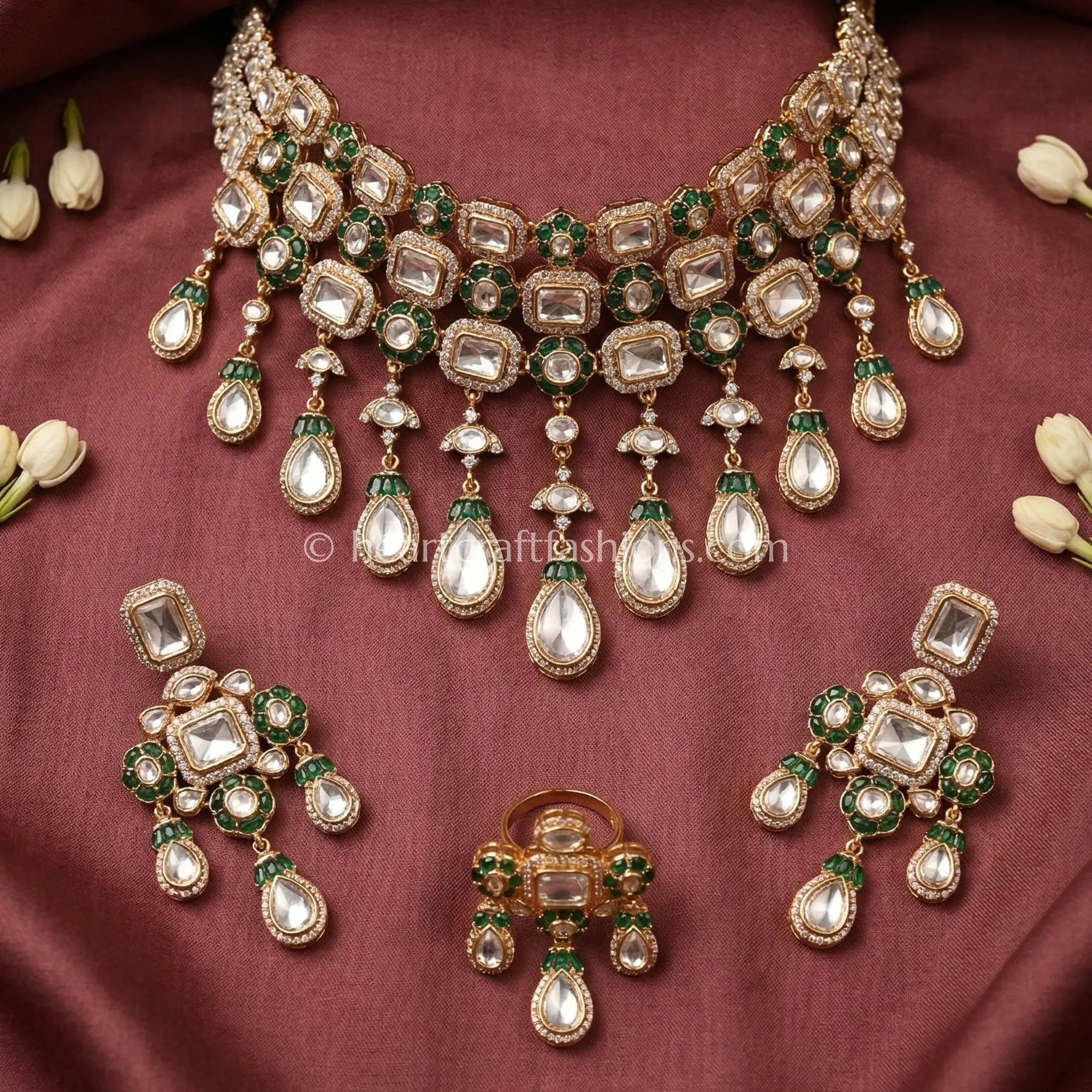 Emerald Semi-Precious Sunehri Kundan Bridal Choker Set
