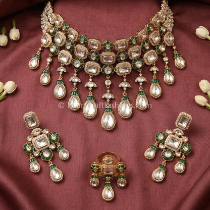 Emerald Semi-Precious Sunehri Kundan Bridal Choker Set