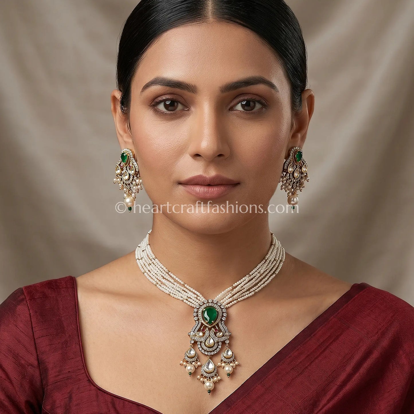 Emerald Sunehri Kundan Pearl Pendant Set