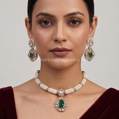 Emerald Sunehri Kundan Sleek Hasli Set