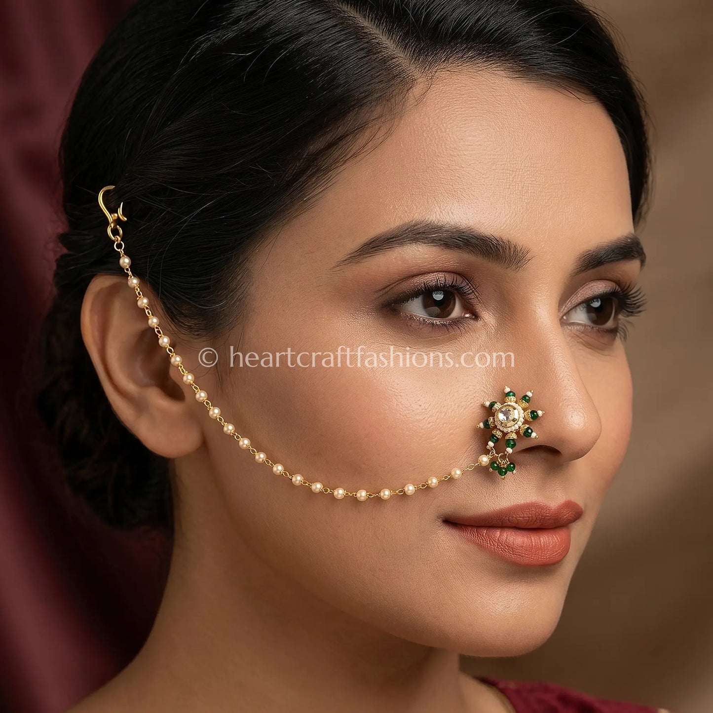 Emerald Sunflower Maharashtrian Kundan Nath with Chain