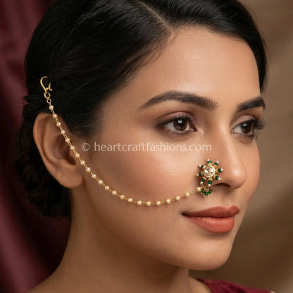 Emerald Sunflower Maharashtrian Kundan Nath with Chain