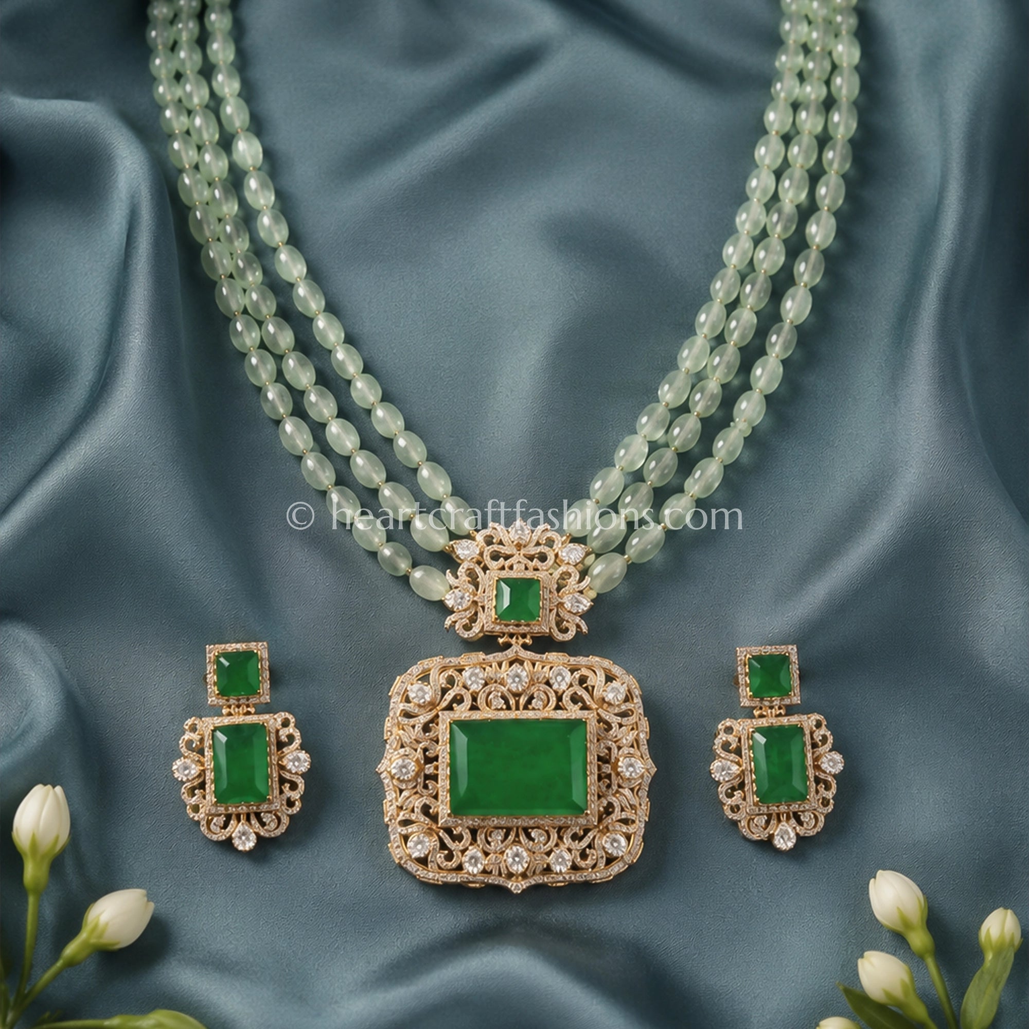 Emerald Green Moissanite Doublet Layered Rani Haar Set