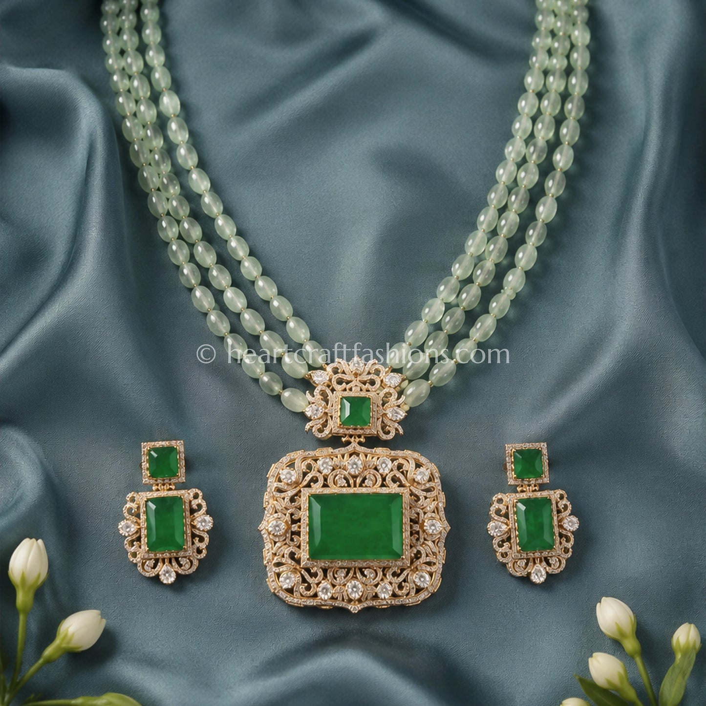 Emerald Green Moissanite Doublet Layered Rani Haar Set