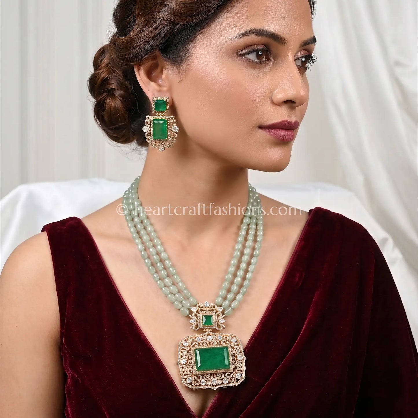 Emerald Green Moissanite Doublet Layered Rani Haar Set